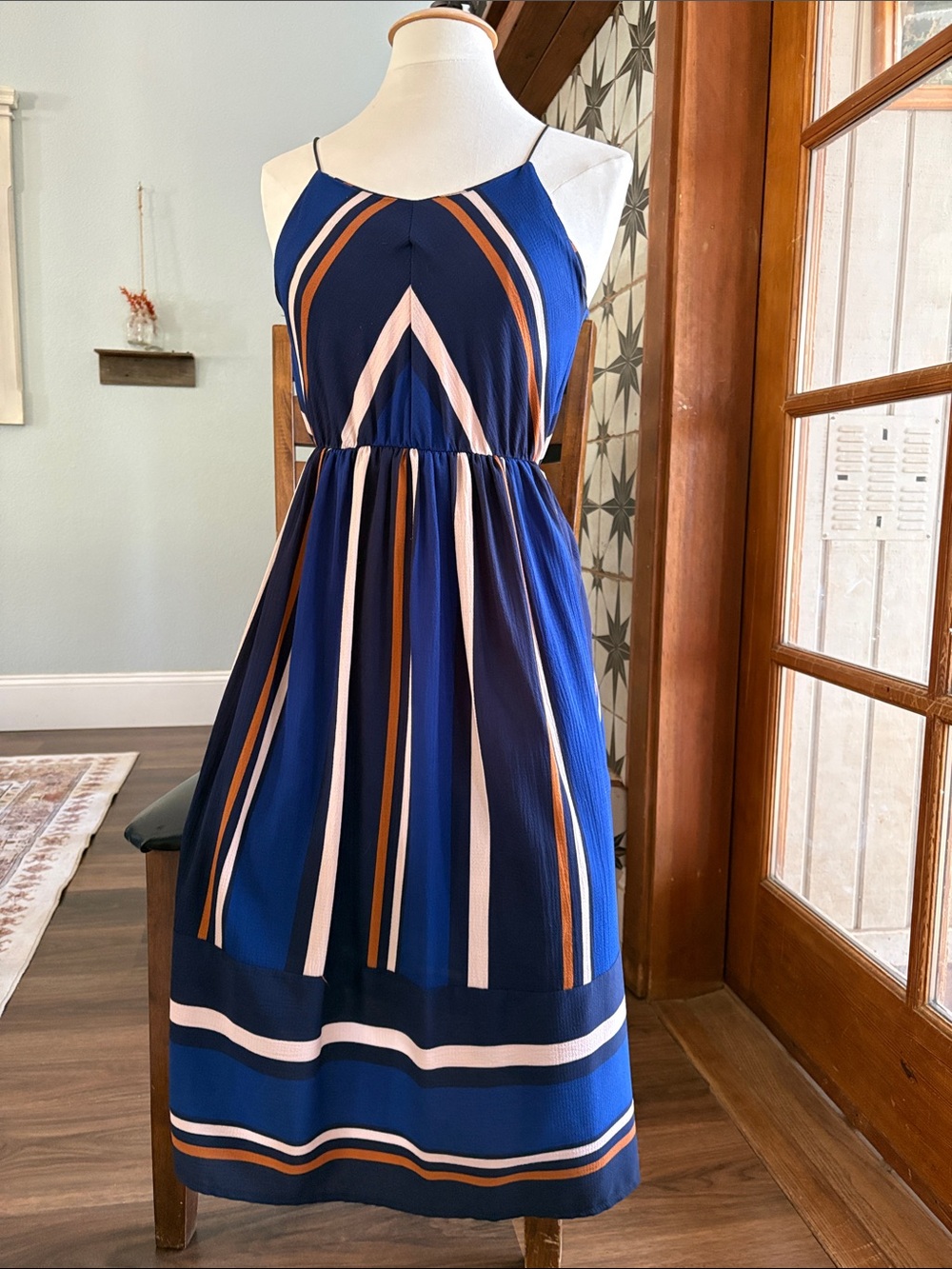Navy Striped Spaghetti‑Strap Midi Dress size Medium